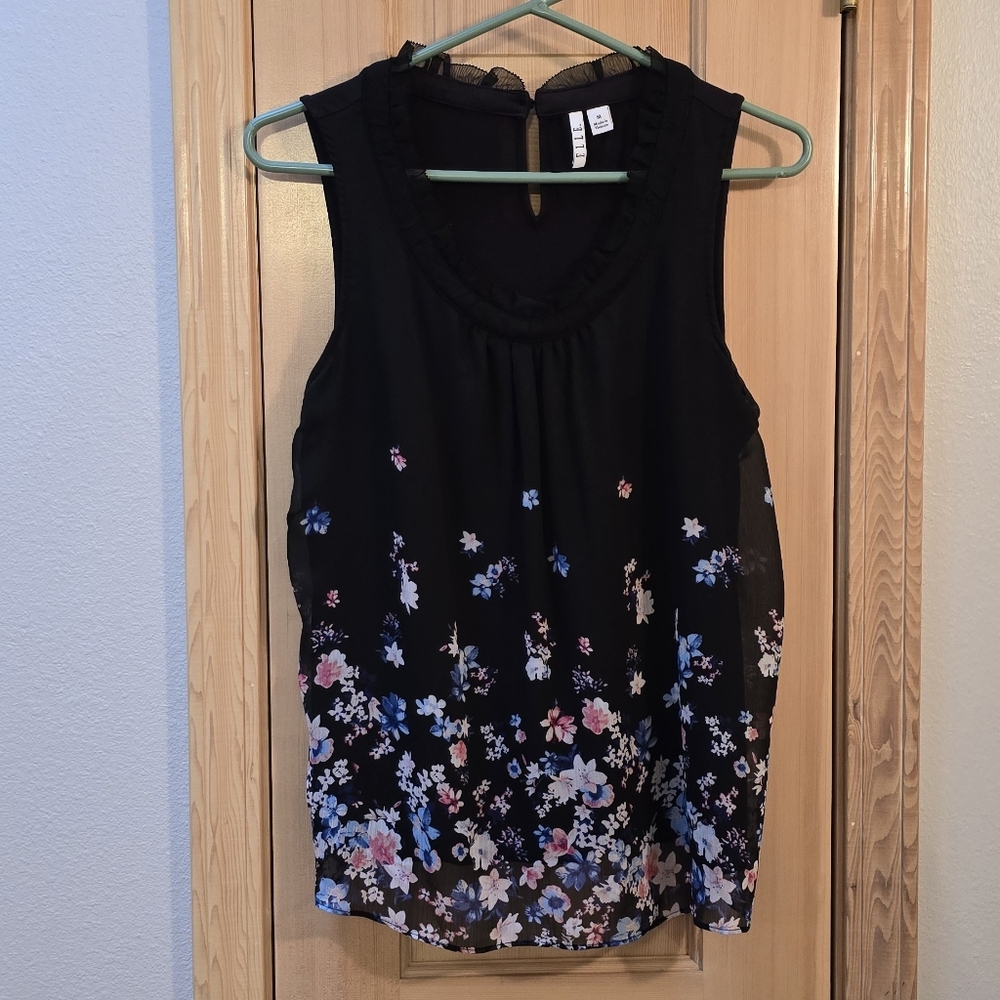 ELLE Top Medium Black/Blue Floral Sleeveless Tank Women's